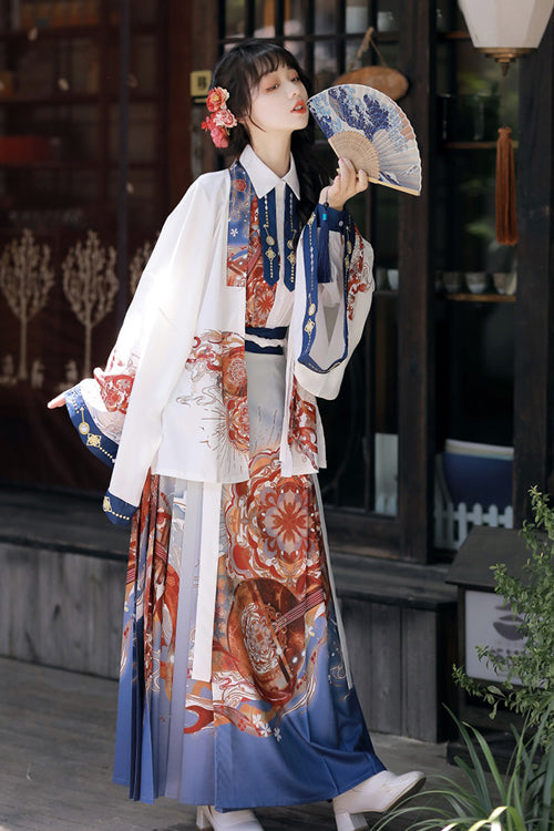 Multi-Color Original Chinese Han Dynasty Pipa Printed Classic Hanfu Dress Full Set - Product - 2