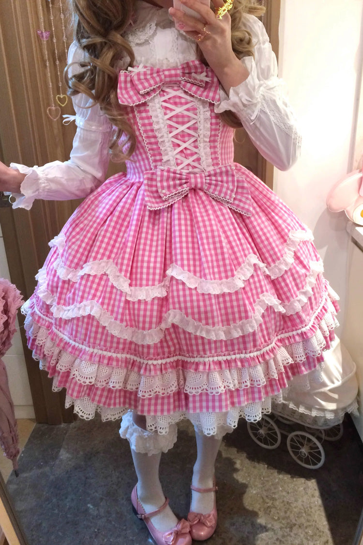 Pink Plaid Print Ruffle Bowknot Lace-Up Sweet Lolita Dress - Product - 10