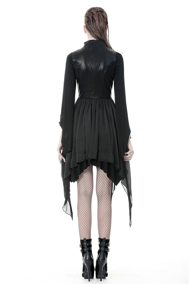 Black Chiffon Sleeveless Cut-Out Chest Irregular Hem Lace-Up Buckled Women's Punk Jacket - Product - 4