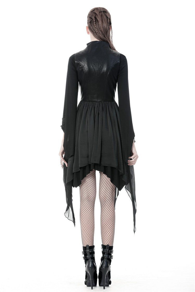 Black Chiffon Sleeveless Cut-Out Chest Irregular Hem Lace-Up Buckled Women's Punk Jacket - Product - 4