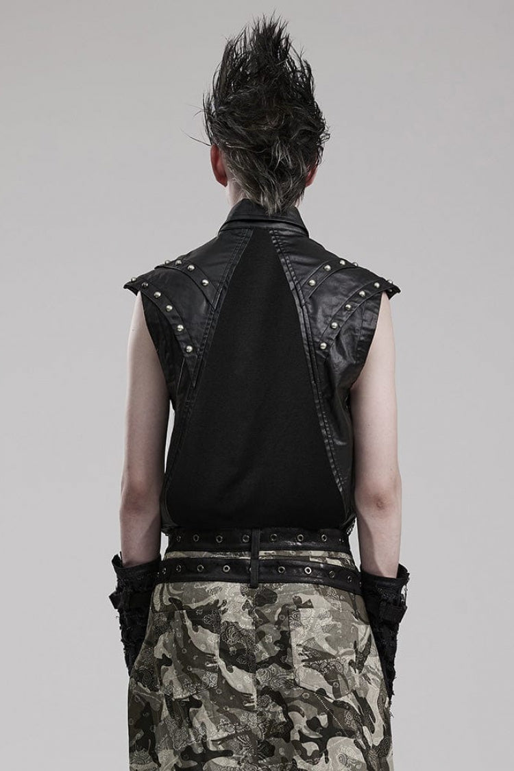 Black Faux Leather Stitching Mesh Sheer Metal Rivets Mens Steampunk Vest - Product - 3