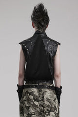 Black Faux Leather Stitching Mesh Sheer Metal Rivets Mens Steampunk Vest - Product - 3