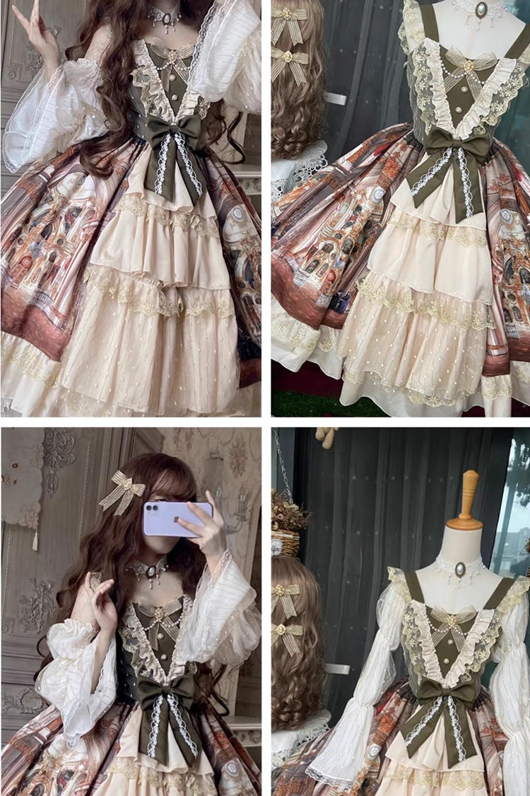 Brown Versailles Palace Oil Painting Print Ruffle Cardigan Bowknot Sweet Elegant Lolita Jsk Dress - Product - 4
