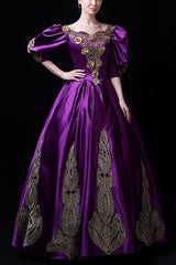 Boat Neck Half Sleeves High Waisted Three Dimensional Golden Floral Hollow Print Victorian Lolita Prom Dress - Purple - 6