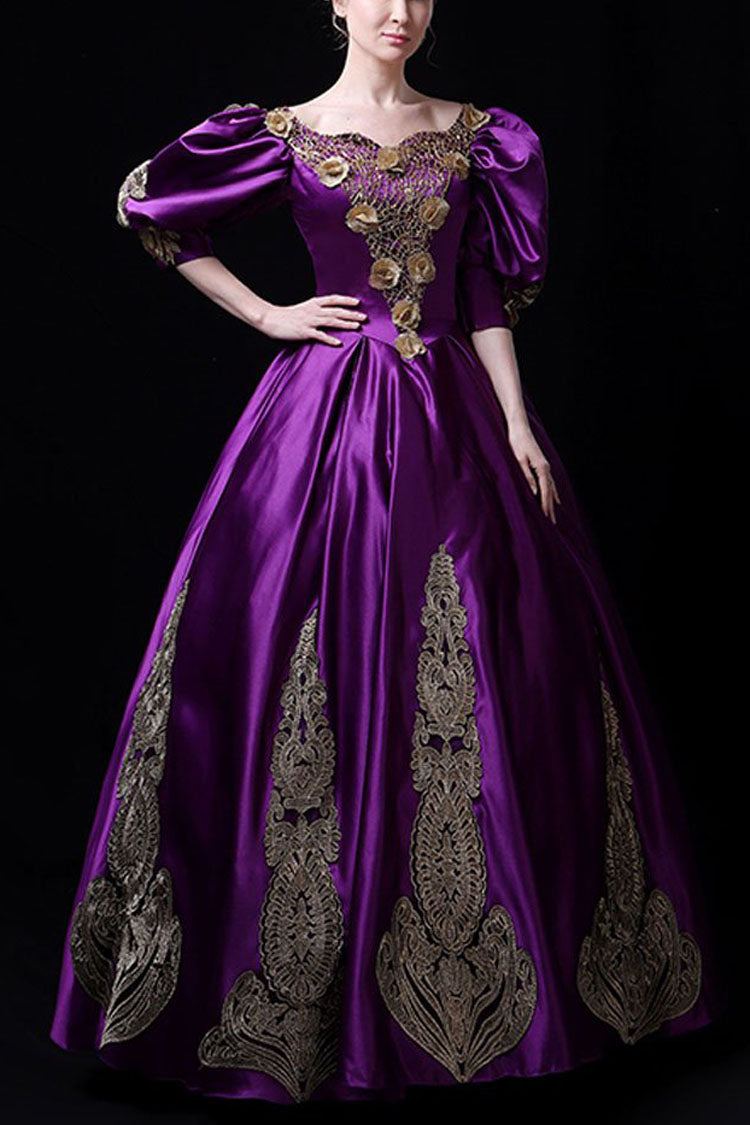 Boat Neck Half Sleeves High Waisted Three Dimensional Golden Floral Hollow Print Victorian Lolita Prom Dress - Purple - 6