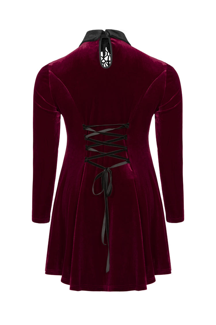 Red Velvet Front Chest Hollow-Out Decals Back Lace-Up Long Sleeve Plus Size Women's Gothic Dress - Product - 7