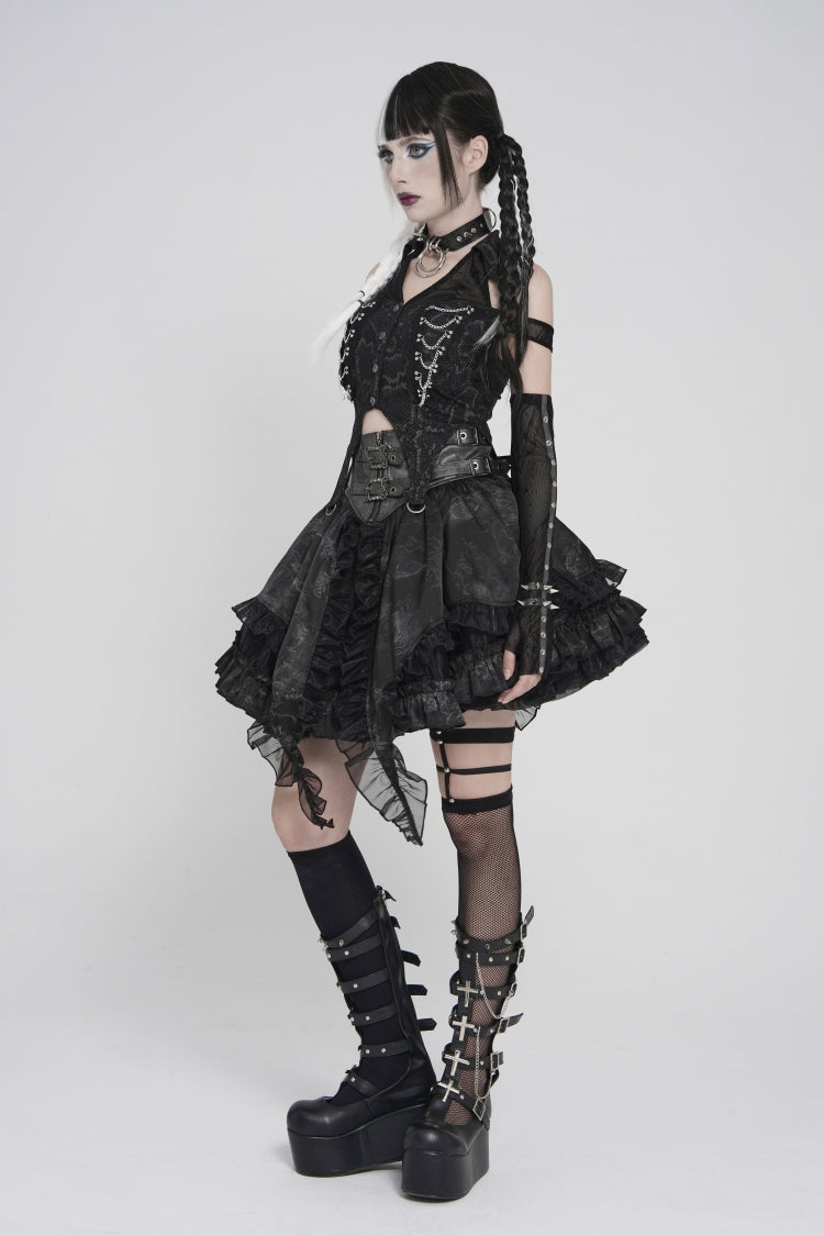 Black Off Shoulder Lace-Up Irregular Chain-Decorated Women's Punk Vest - Product - 3