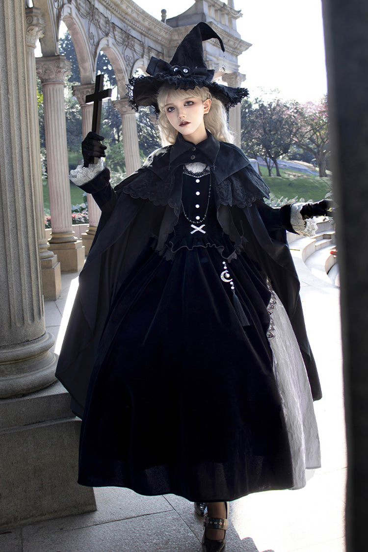 Black Witch Long Sleeves Ruffle Bowknot Stitching Lace Gothic Lolita Long Dress - Product - 4