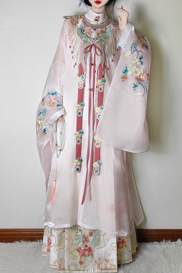 Pink [Fragrant Flower Rain] Round Collar Long Sleeves High Waisted Printed Embroidered Women's Classic Hanfu Dress Set - Pink - 1