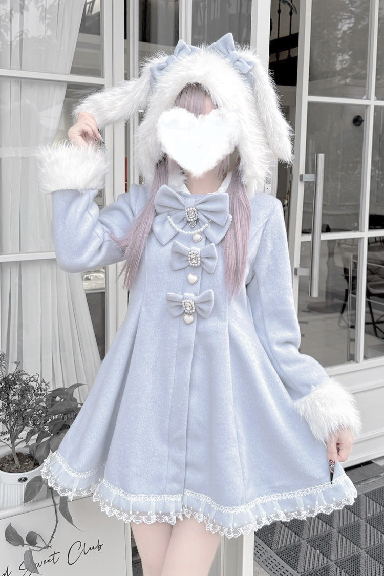 Aqua Long Sleeves Bowknot Rabbit Ears Detachable Hooded Japanese Jirai Kei Coat - Product - 2