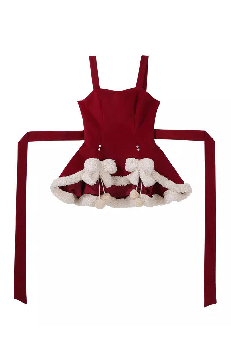 Red [New Year] Long Sleeves Embroidered Bow Lace Sweet Lolita Skirt and Rabbit Ears Cloak Set - JSK - 14