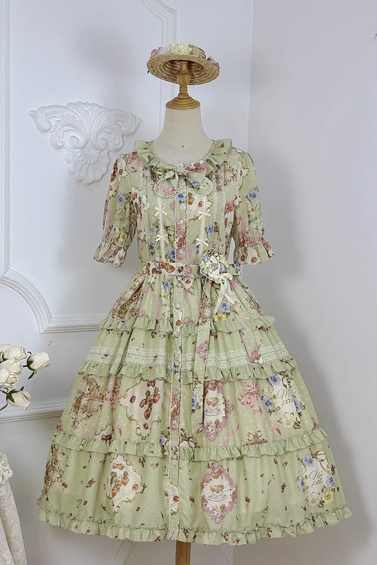 Green [Cat Rose Tea] Short Sleeves Print Ruffle Cardigan Bowknot Daily Sweet Lolita Dress - Product - 3