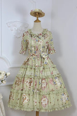 Green [Cat Rose Tea] Short Sleeves Print Ruffle Cardigan Bowknot Daily Sweet Lolita Dress - Product - 3
