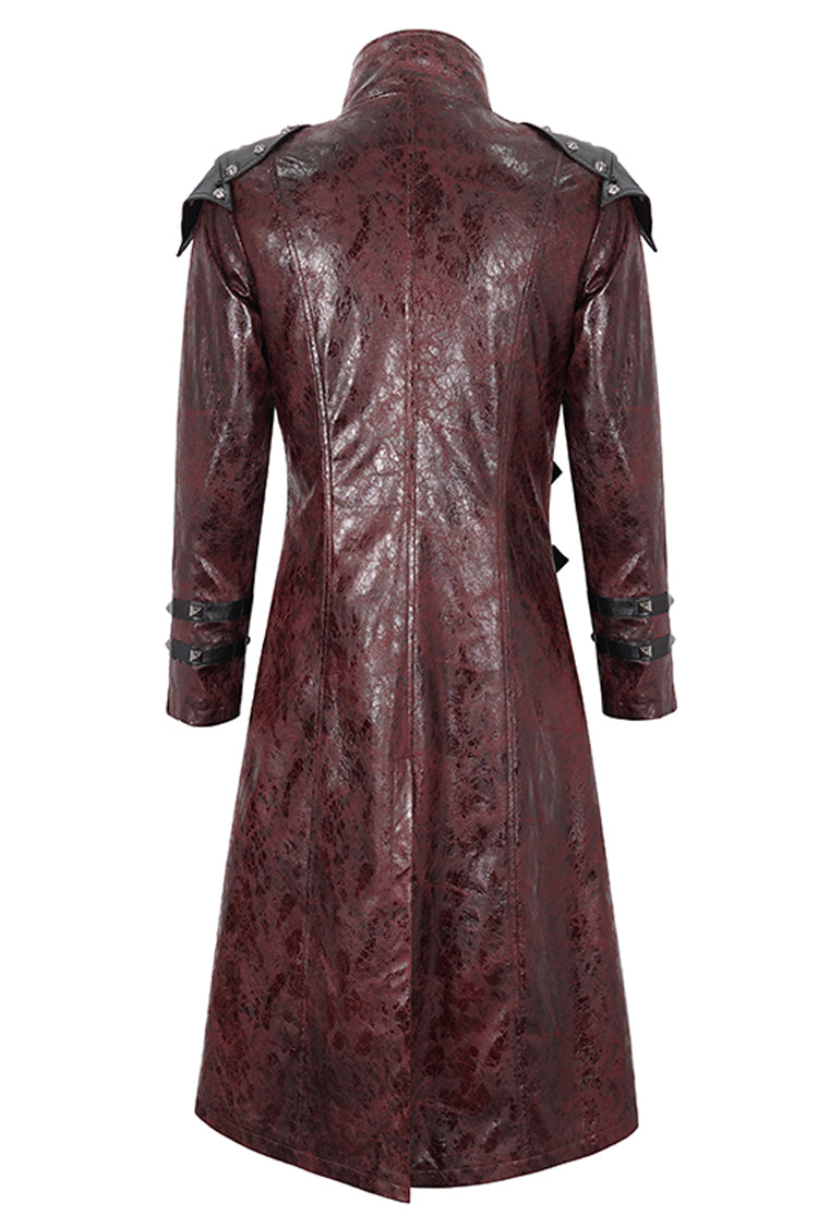 Red Stand Collar Multi Buckle Faux Long Leather Men's Punk Coat - Product - 10