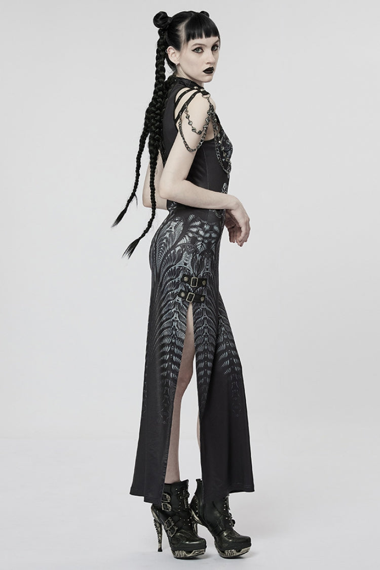 Black Print Lace-Up Side Slit Women's Gothic Dress with Chain - Product - 2