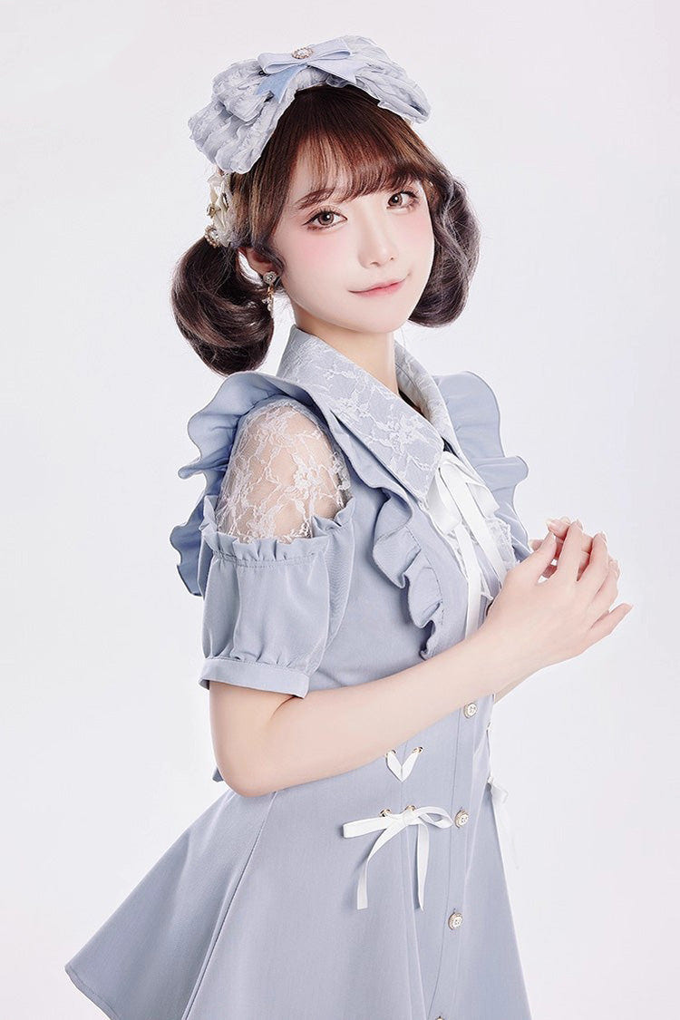 [Alice of Wednesday] Sweet Off Shoulder Short Sleeves Ruffle Bowknot Lace-Up Japanese Jirai Kei Dress Shorts Set 3 Colors - Product - 3