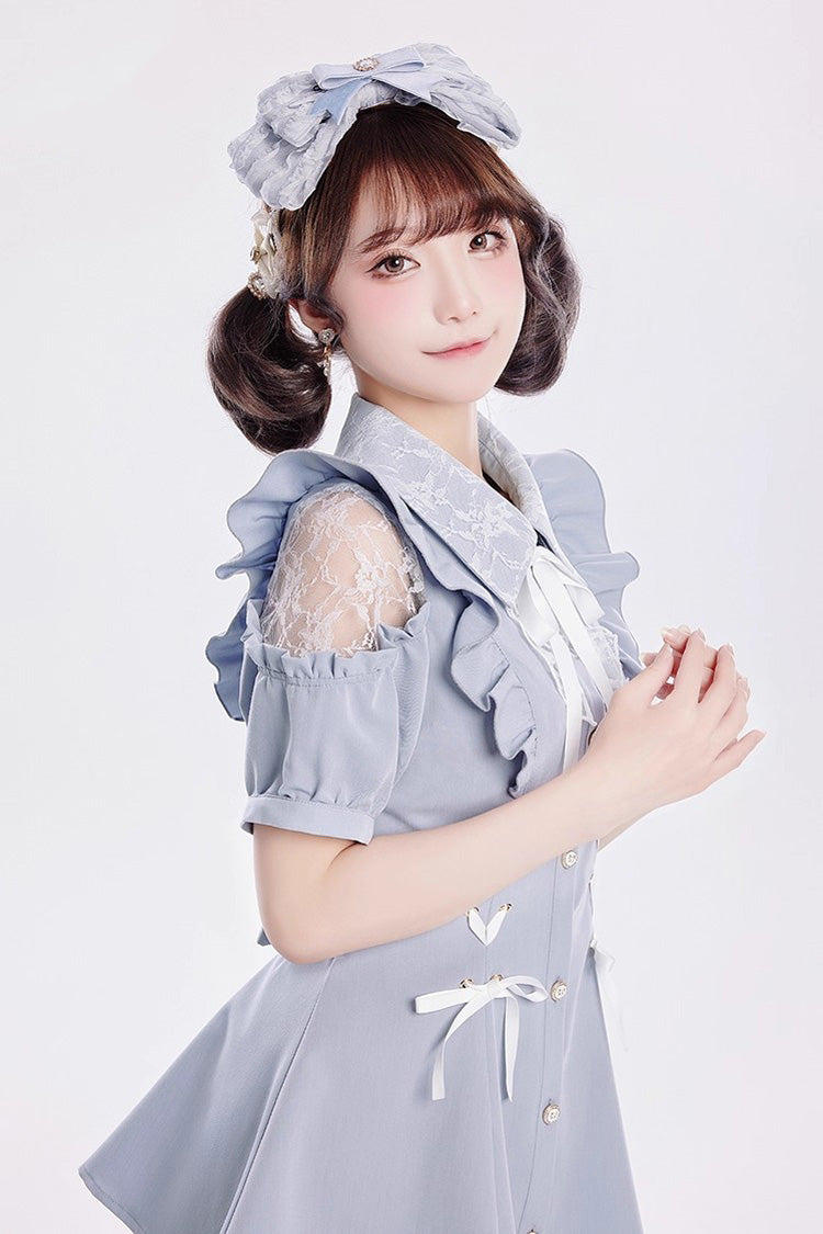 [Alice of Wednesday] Sweet Off Shoulder Short Sleeves Ruffle Bowknot Lace-Up Japanese Jirai Kei Dress Shorts Set 3 Colors - Product - 3