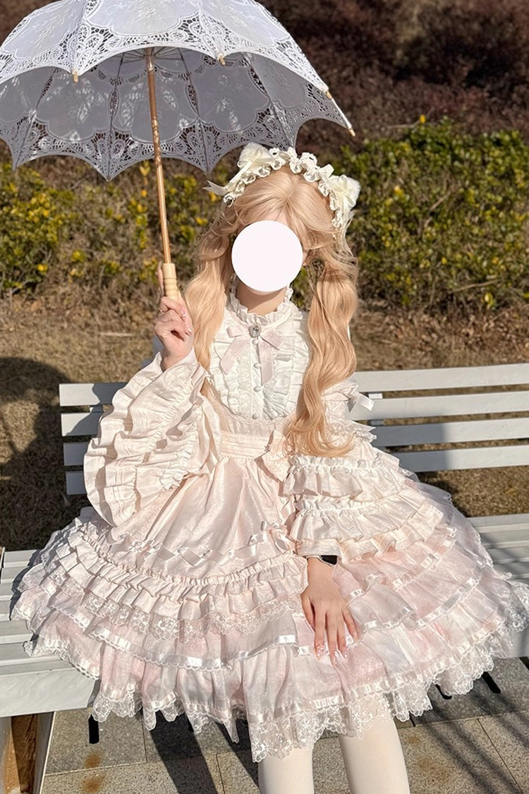 Pink [The Soloist Doll] Long Hime Sleeves Multi-Layered Print Ruffle Bowknot Asymmetric Sweet Lolita Dress - Product - 13