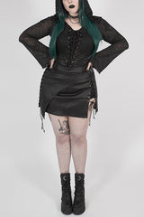 Black Front Chest Lace-Up Flare Sleeve Splice Mesh Plus Size Broken Holes Knit Hooded Women's Punk T-Shirt - Black - 1