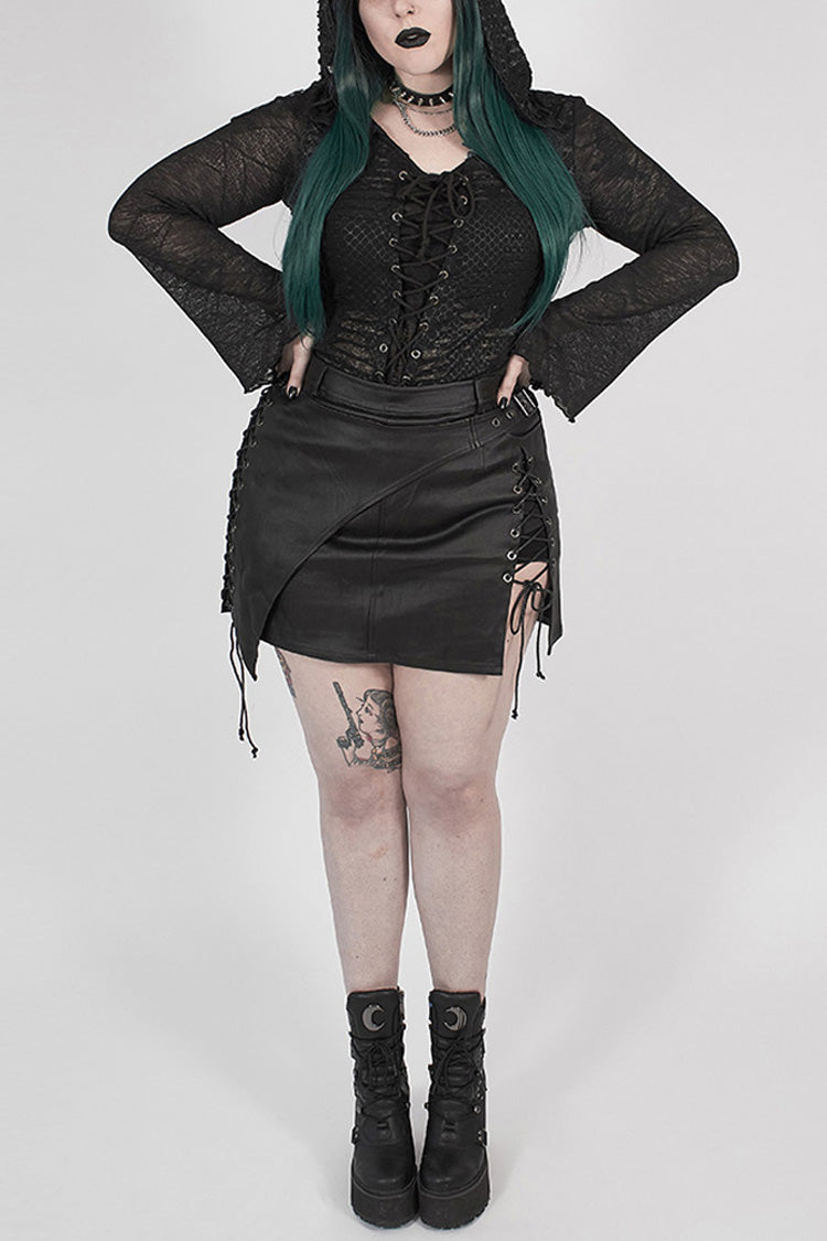 Black Front Chest Lace-Up Flare Sleeve Splice Mesh Plus Size Broken Holes Knit Hooded Women's Punk T-Shirt - Black - 1
