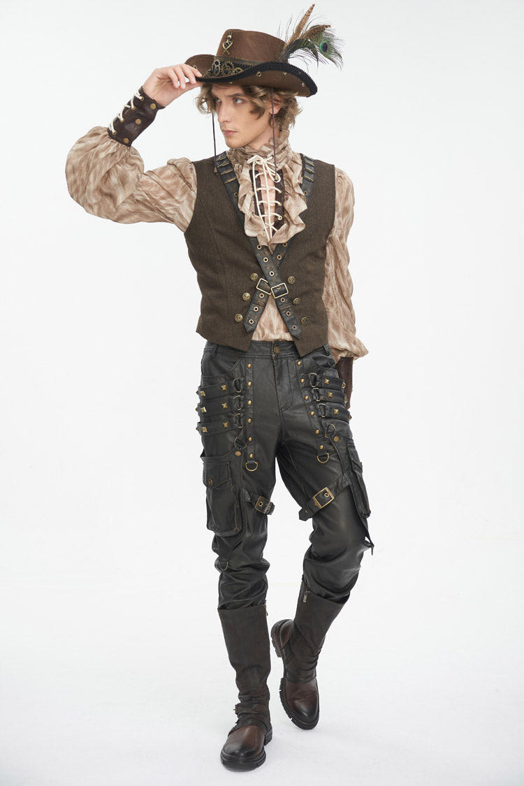 Black Big Pocket Bronze Studded Faux Leather Men's Gothic Pants - Product - 5