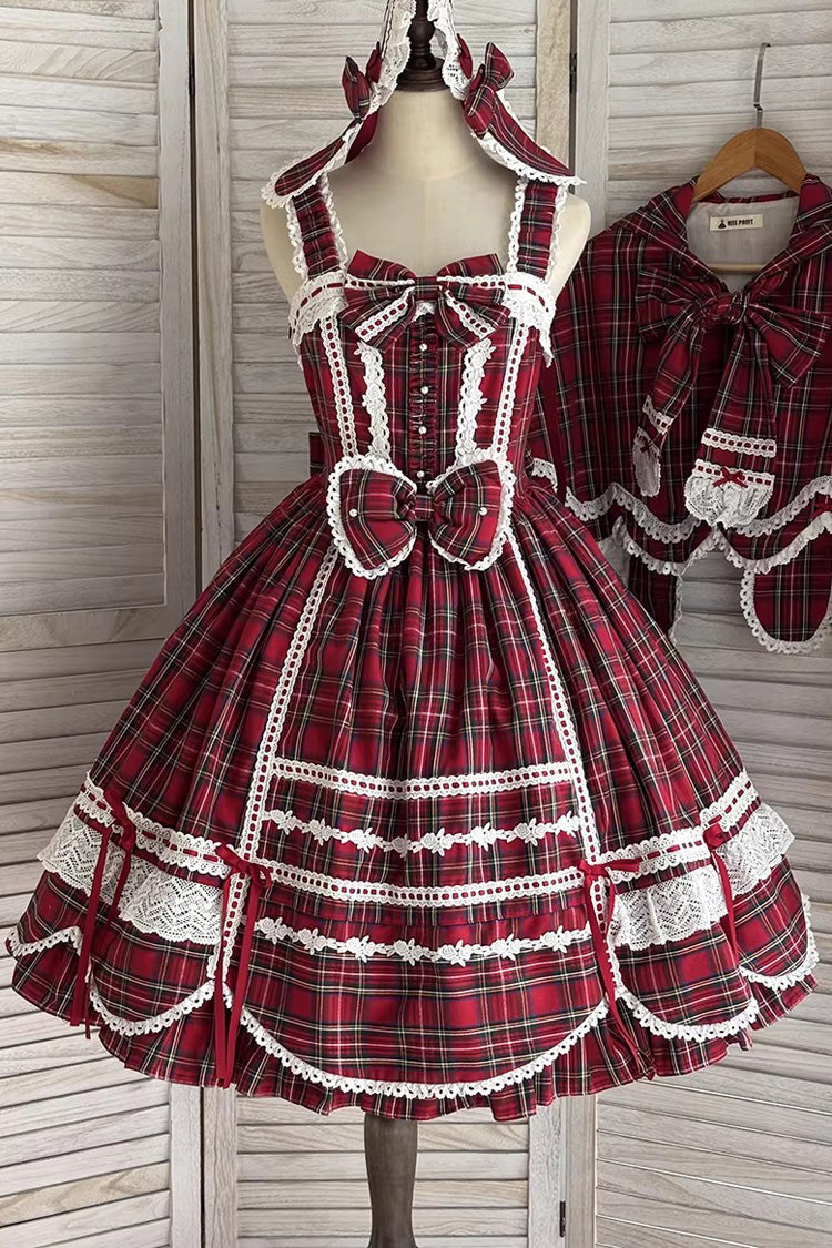 Red [Gingham Petal Bunny] Printed Ruffled Bow Sweet Lolita Jsk Dress - Product - 3