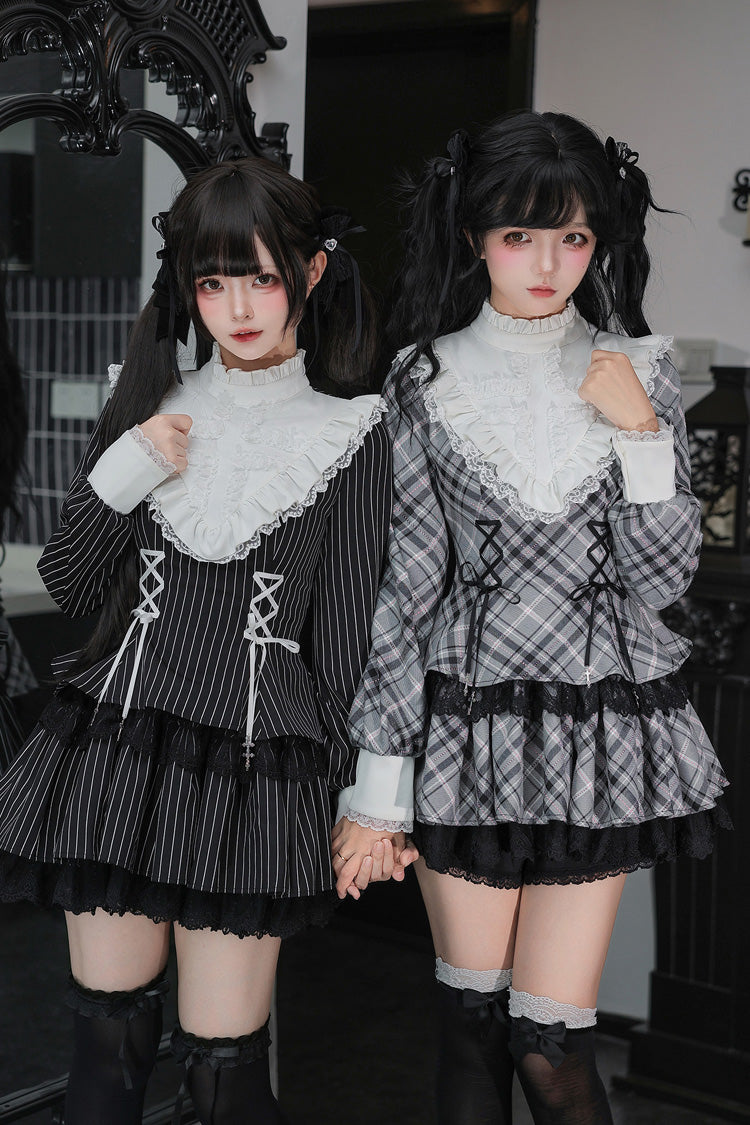 [Doki!] Stand Collar Long Sleeves Printed Ruffled Lace-Up Sweet Cool Lolita Dress 2 Colors(Black, Grey) - Product - 11