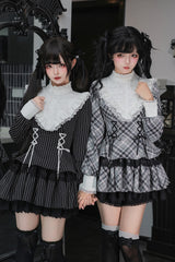 [Doki!] Stand Collar Long Sleeves Printed Ruffled Lace-Up Sweet Cool Lolita Dress 2 Colors(Black, Grey) - Product - 11