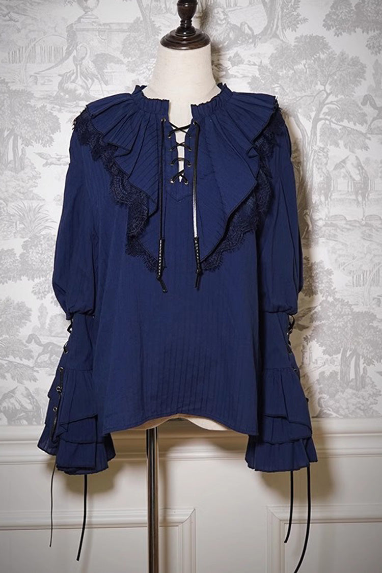 Blue Pirate Series Navigation Treasure Hunting Guide V Collar Long Hime Sleeves Ouji Lolita Blouse - Product - 3