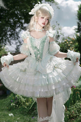 Green [Tulip and Wind Chime] Multi-Layered Ruffle Bowknot Lace Sweet Gorgeous Lolita Jsk Dress - Product - 4