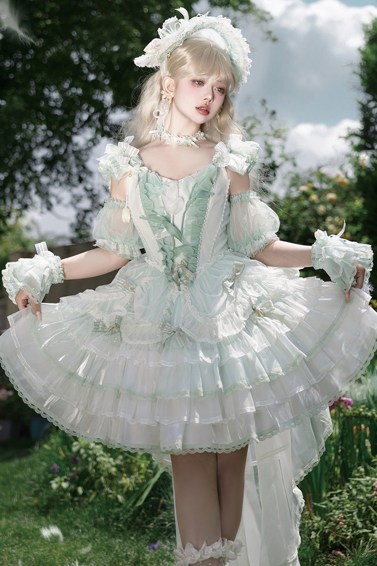 Green [Tulip and Wind Chime] Multi-Layered Ruffle Bowknot Lace Sweet Gorgeous Lolita Jsk Dress - Product - 4