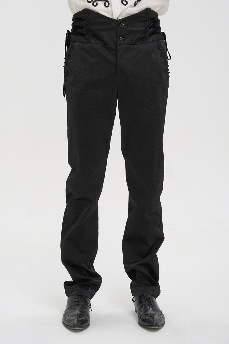 Black Retro High Waist Pattern Side Side Adjustable Leather Men's Gothic Pants - Black - 1