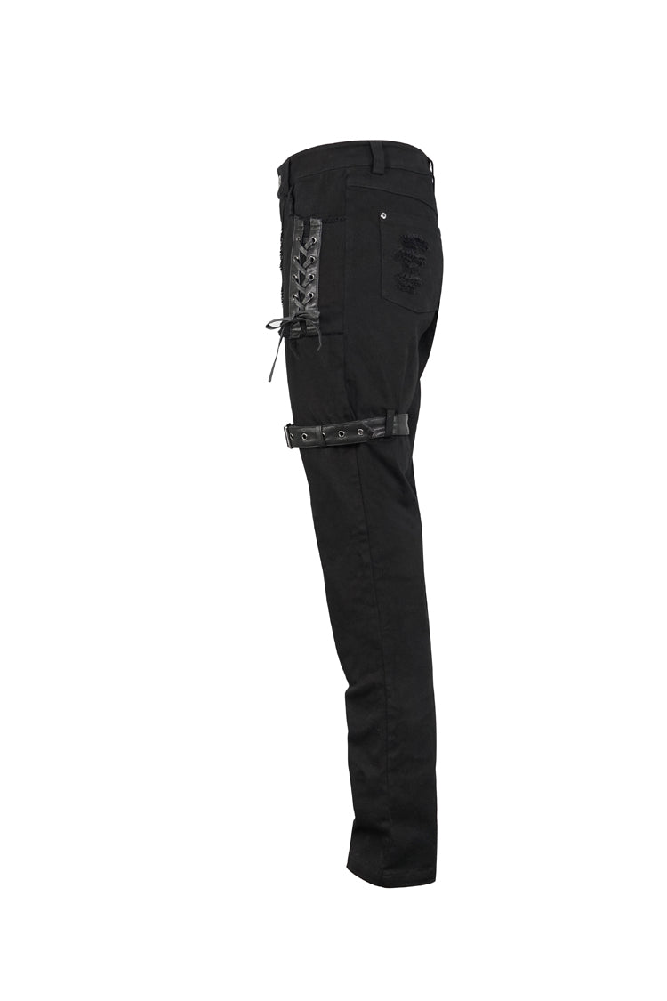 Black Metal Decorative Lace Up Leg Loops Long Men's Punk Pants - Product - 6