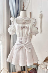 Jirai Kei Square Collar Off Shoulder Short Sleeves Printed Bow Sweet Maid Skirt Set 2 Colors - Product - 9
