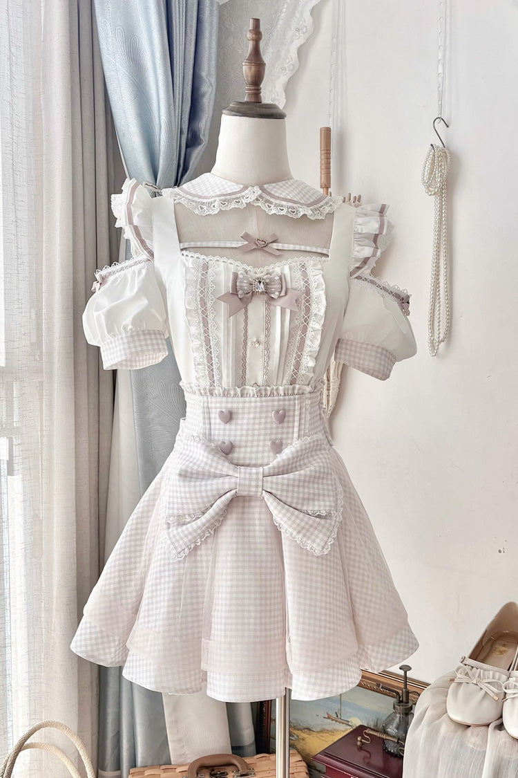 Jirai Kei Square Collar Off Shoulder Short Sleeves Printed Bow Sweet Maid Skirt Set 2 Colors - Product - 9
