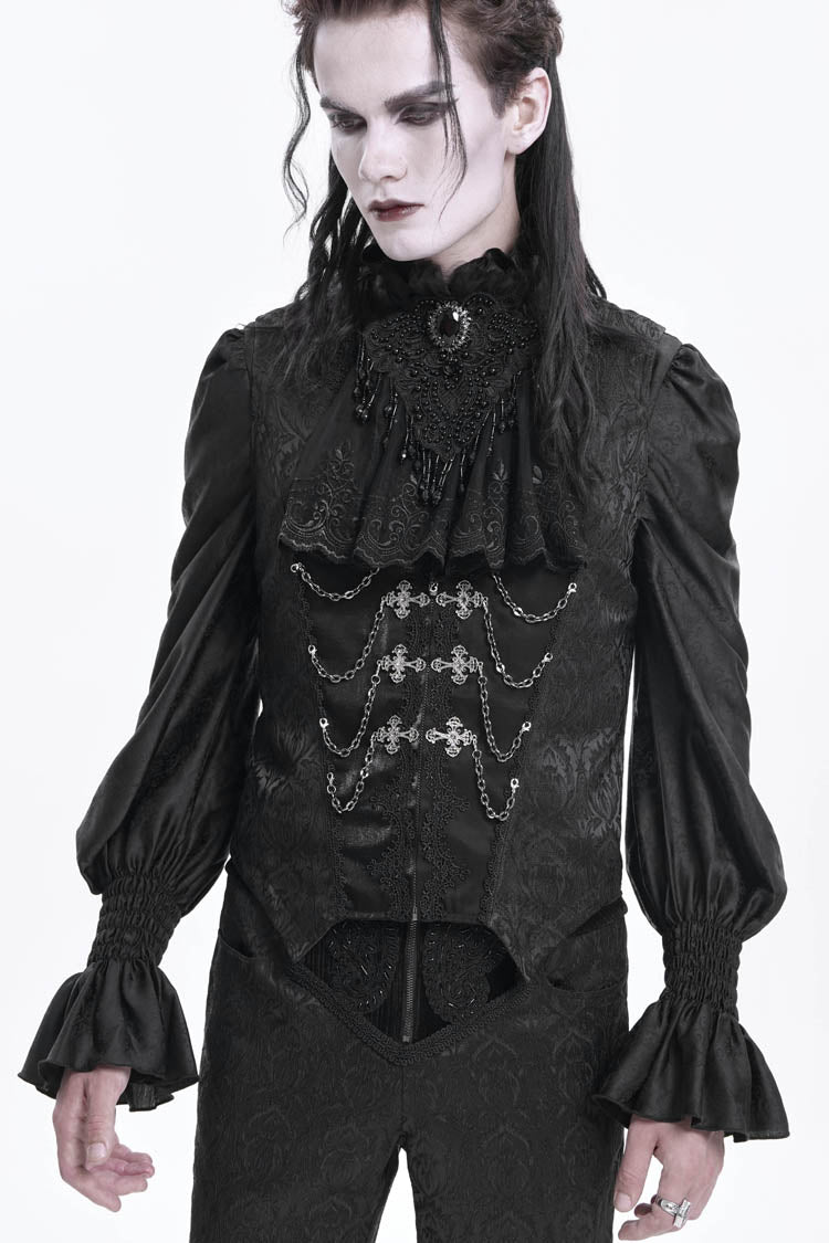 Black Sleeveless Jacquard Chain Buckle-up Men's Gothic Vest - Product - 11