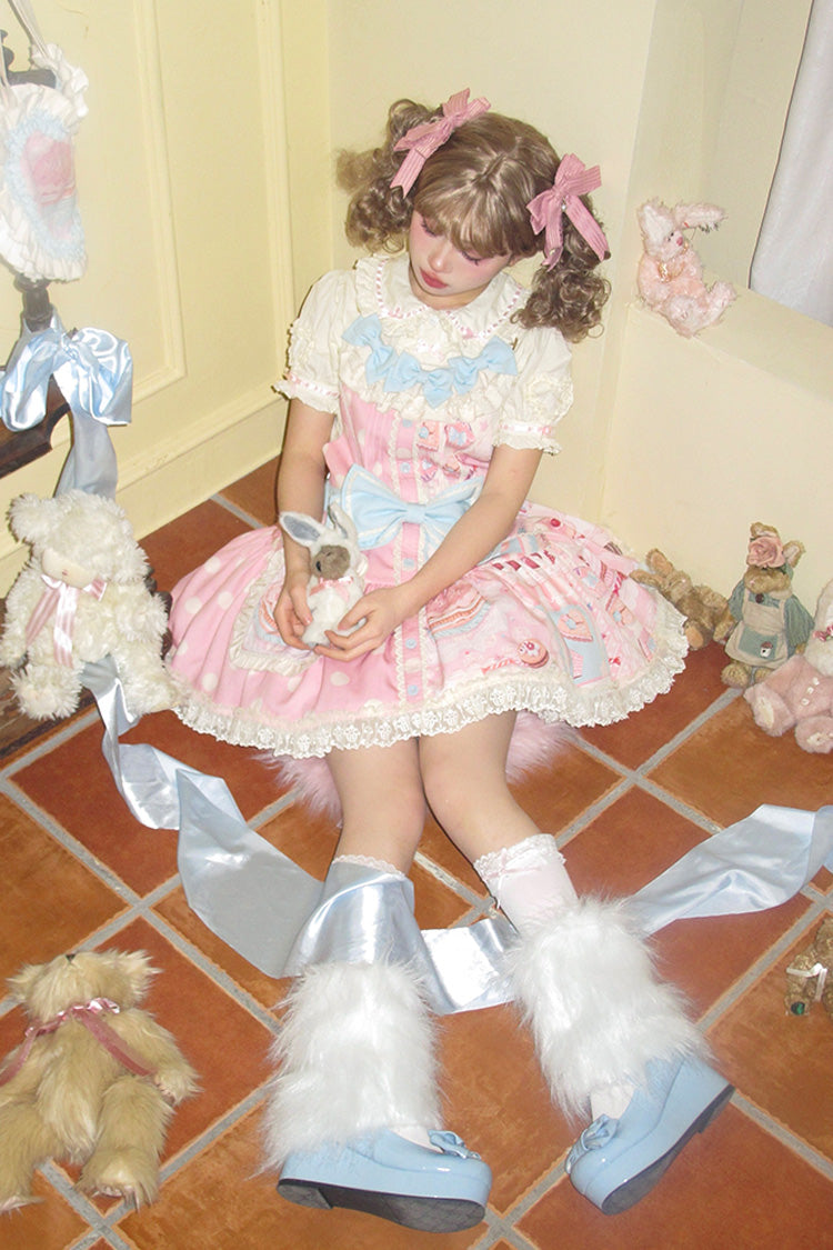 Pink Cake Chocolate Dessert Print Ruffle Bowknot Sweet Lolita Strap Dress - Product - 4