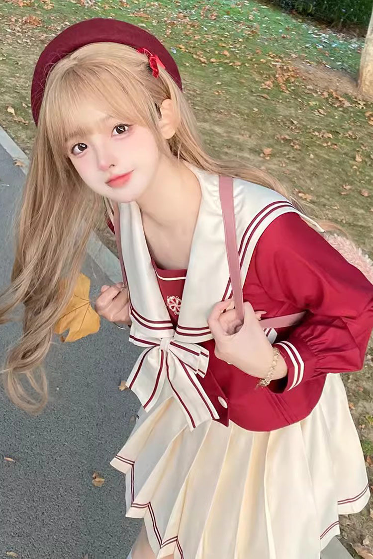 Red/White Bowknot Sweet College Style Japanese School Skirt Set - Product - 4