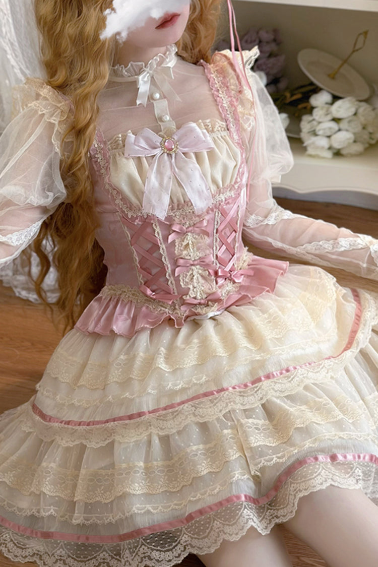 Pink [Girl Love] Double-Layered Bowknot Lace Sweet Ballet Lolita Skirt Set - Product - 2