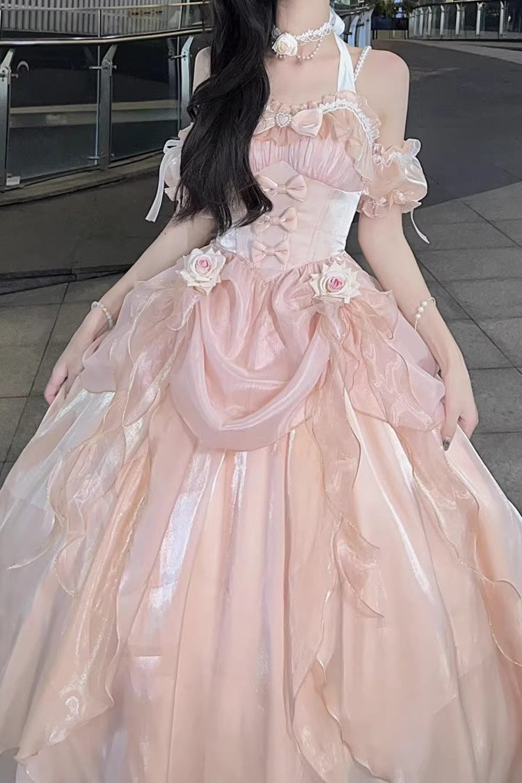 Ivory [Cindy Rose] Halterneck Sleeveless Ruffle Bowknot Sweet Elegant Lolita Jsk Dress - Pink - 6