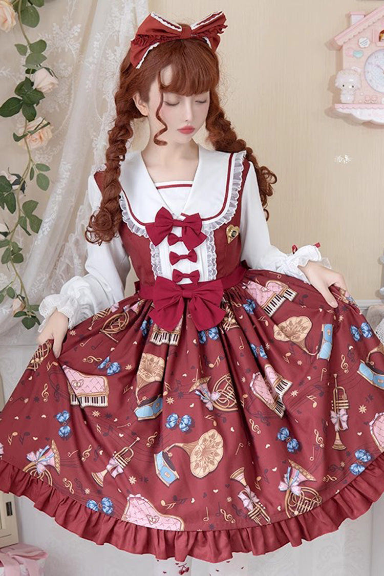 [Bear Band] Long Sleeves Print Ruffle Bowknot Lace Sweet Elegant Princess Lolita Dress 3 Colors - Red - 4