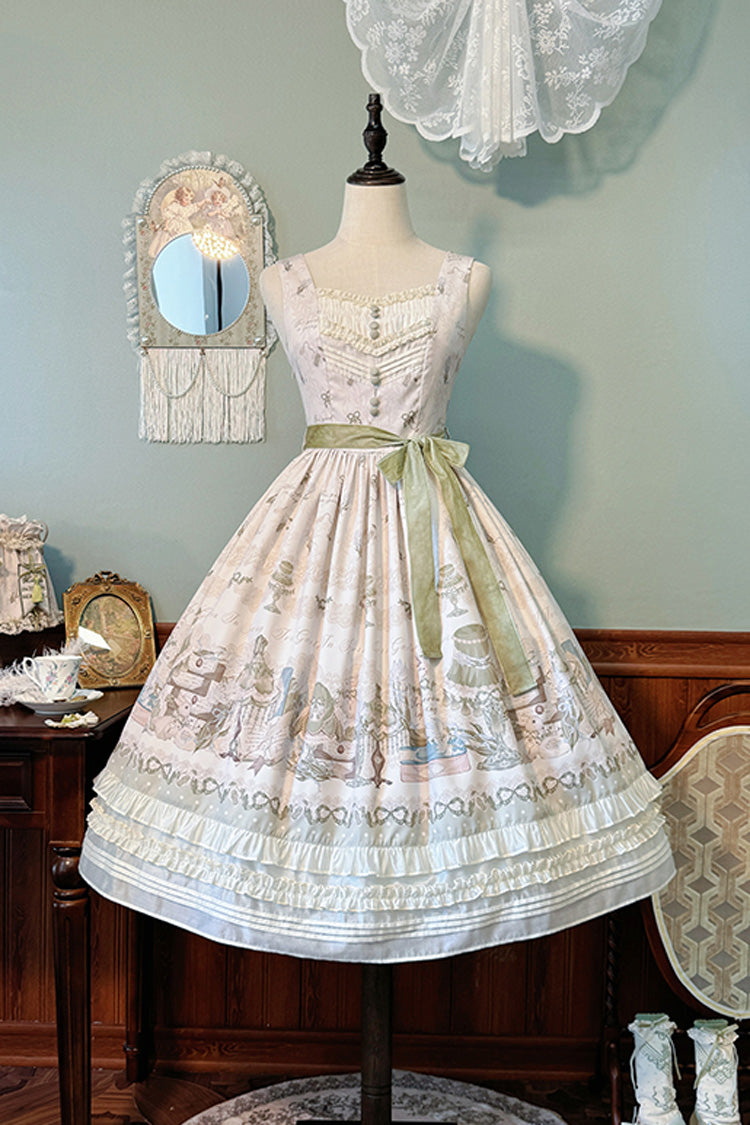 [Iris Study] V Collar Sleeveless Print Bowknot Lace Sweet Lolita Jumper Dress 2 Colors - Beige - 15
