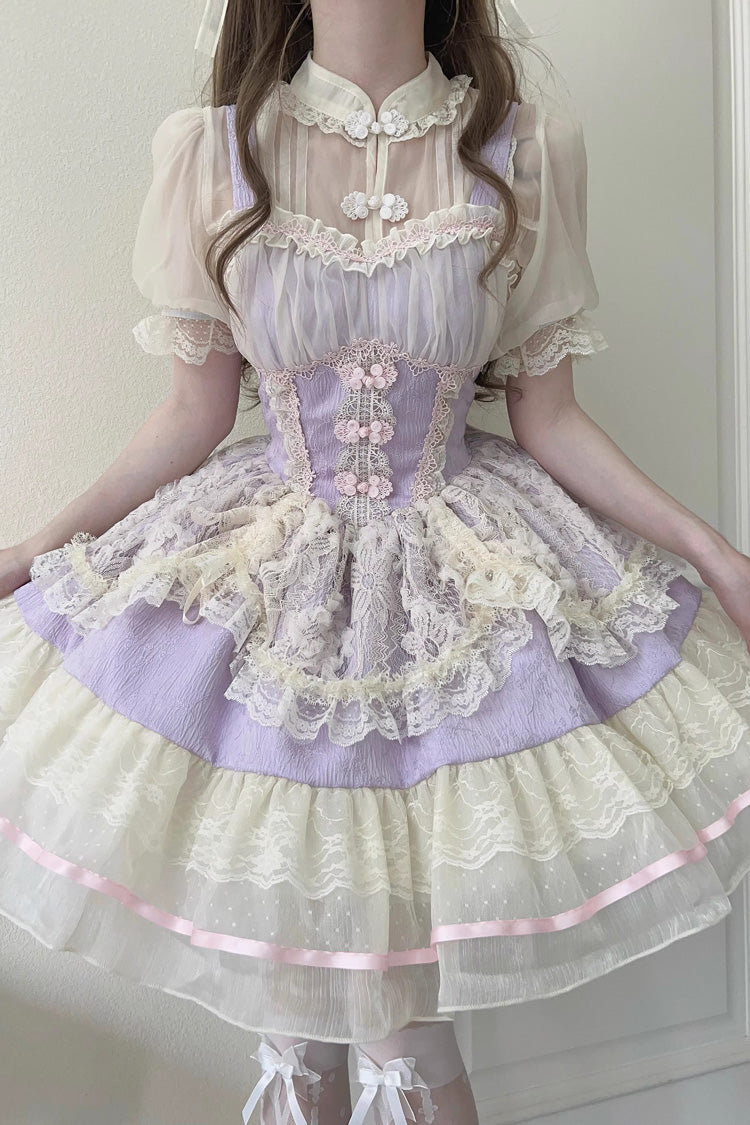 Flower Bud Halterneck Print Ruffle Lace Sweet Chinese Ballet Style Lolita Jsk Dress 3 Colors - Product - 11
