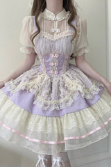 Flower Bud Halterneck Print Ruffle Lace Sweet Chinese Ballet Style Lolita Jsk Dress 3 Colors - Product - 11