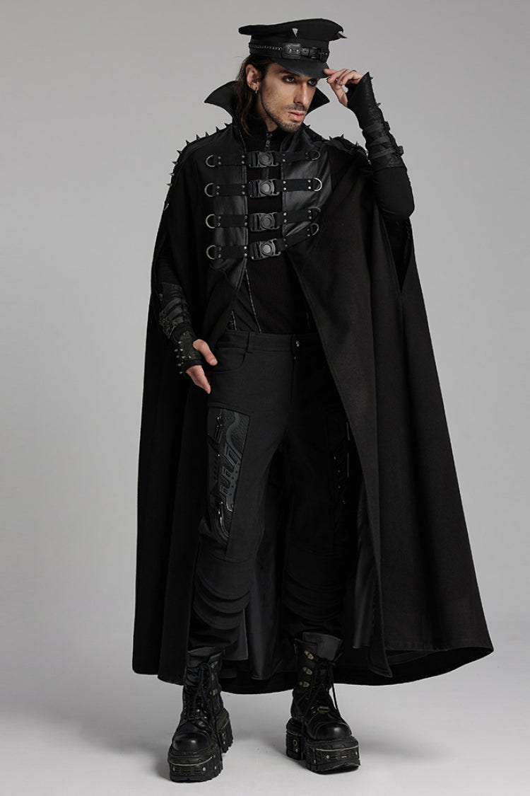 Black High Collar Faux Leather Stitching Mesh Rivet Buckle Women's Punk Cloak - Product - 4