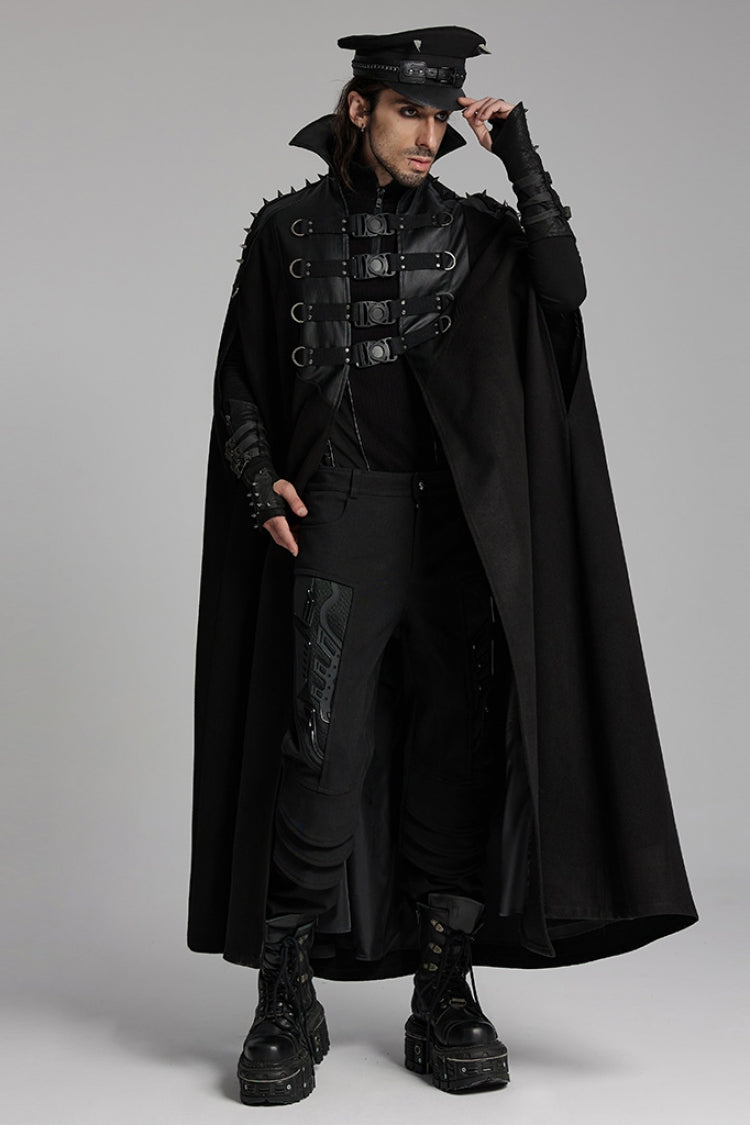 Black High Collar Faux Leather Stitching Mesh Rivet Buckle Women's Punk Cloak - Product - 4