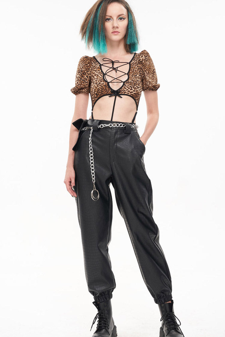 Black Gothic Crocodile Pattern Metal Chain Design Lantern Leather Women's Pants - Product - 7
