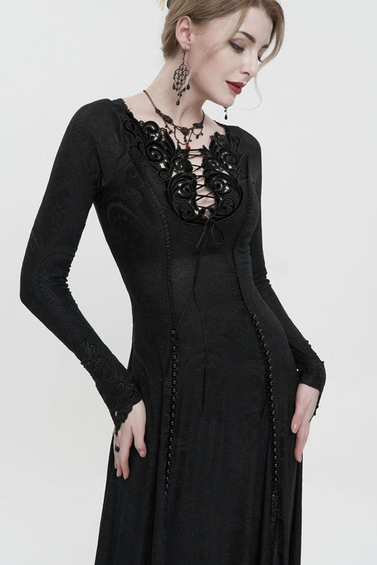 Black Long Sleeve Long Knitting Symmetrical Applique And String at The Chest Women's Gothic Dress - Product - 7