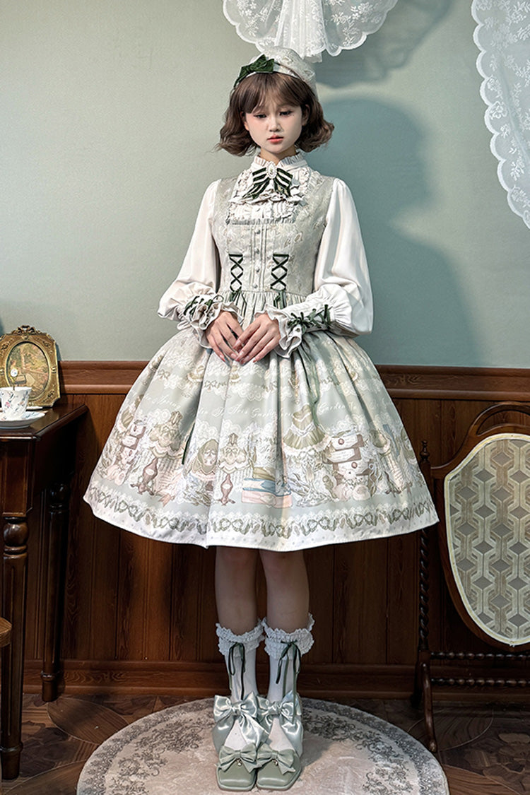 [Iris Study] Square Collar Print Bowknot Lace-Up Sweet Lolita Jumper Dress 2 Colors - Product - 9