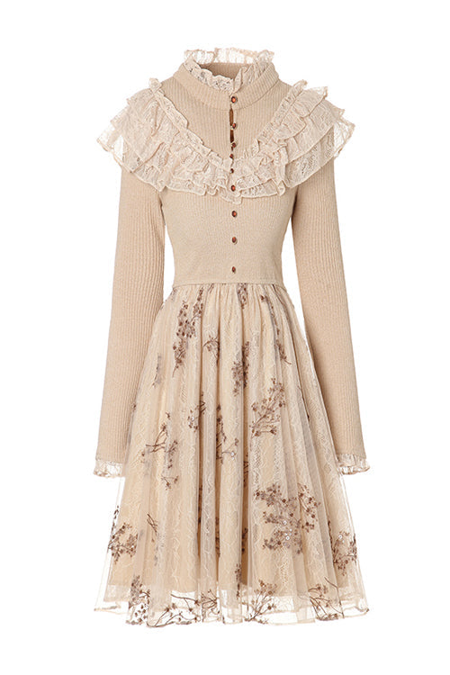 Beigefarbener Spitzenstrick, runder Kragen, lange Ärmel, hohe Taille, Stickerei, Netzstoff, süß (Kleid einzeln), Detailansicht 6